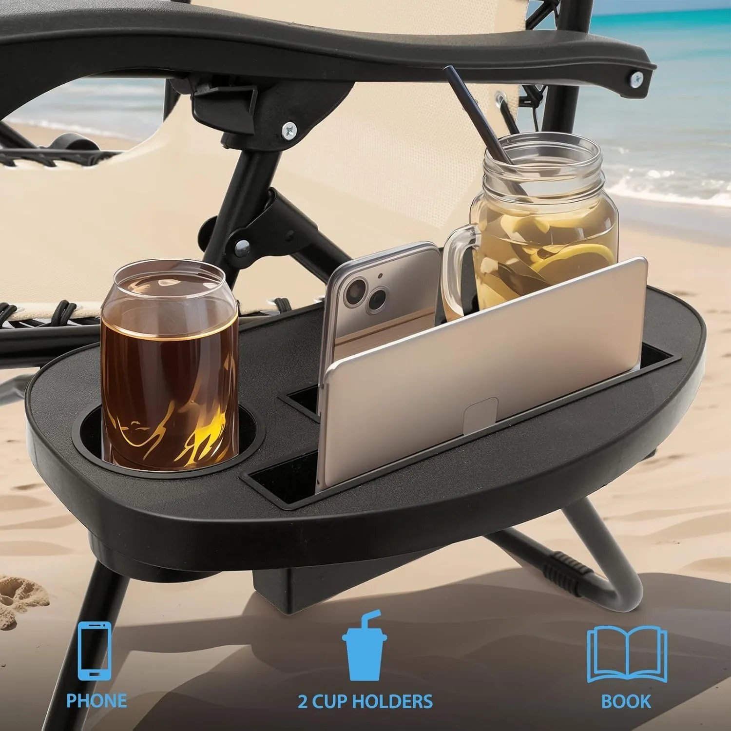 Beach Chairs Compact Zero Gravity Chair - Foldable Patio Lounger with Ergonomic Headrest & Cup Holder Tray, CAAP-BCC-C1P-CR