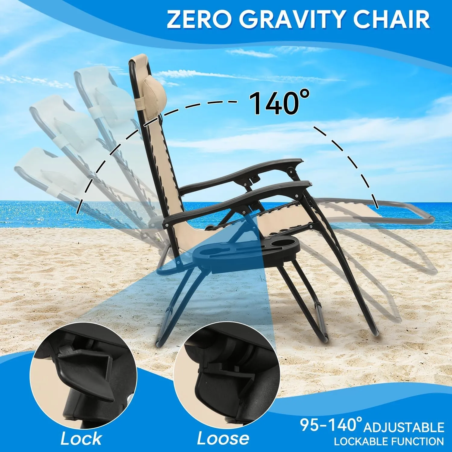 Beach Chairs Compact Zero Gravity Chair - Foldable Patio Lounger with Ergonomic Headrest & Cup Holder Tray, CAAP-BCC-C1P-CR