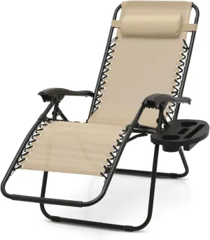 Beach Chairs Compact Zero Gravity Chair - Foldable Patio Lounger with Ergonomic Headrest & Cup Holder Tray, CAAP-BCC-C1P-CR