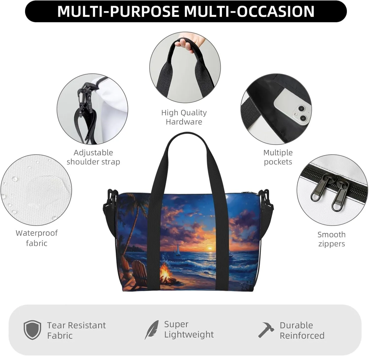 Beach night print Travel Duffel Bag, Sports Tote Gym Bag, Swim Pool Bag Large Shoulder Tote Bag for Beach Weekender