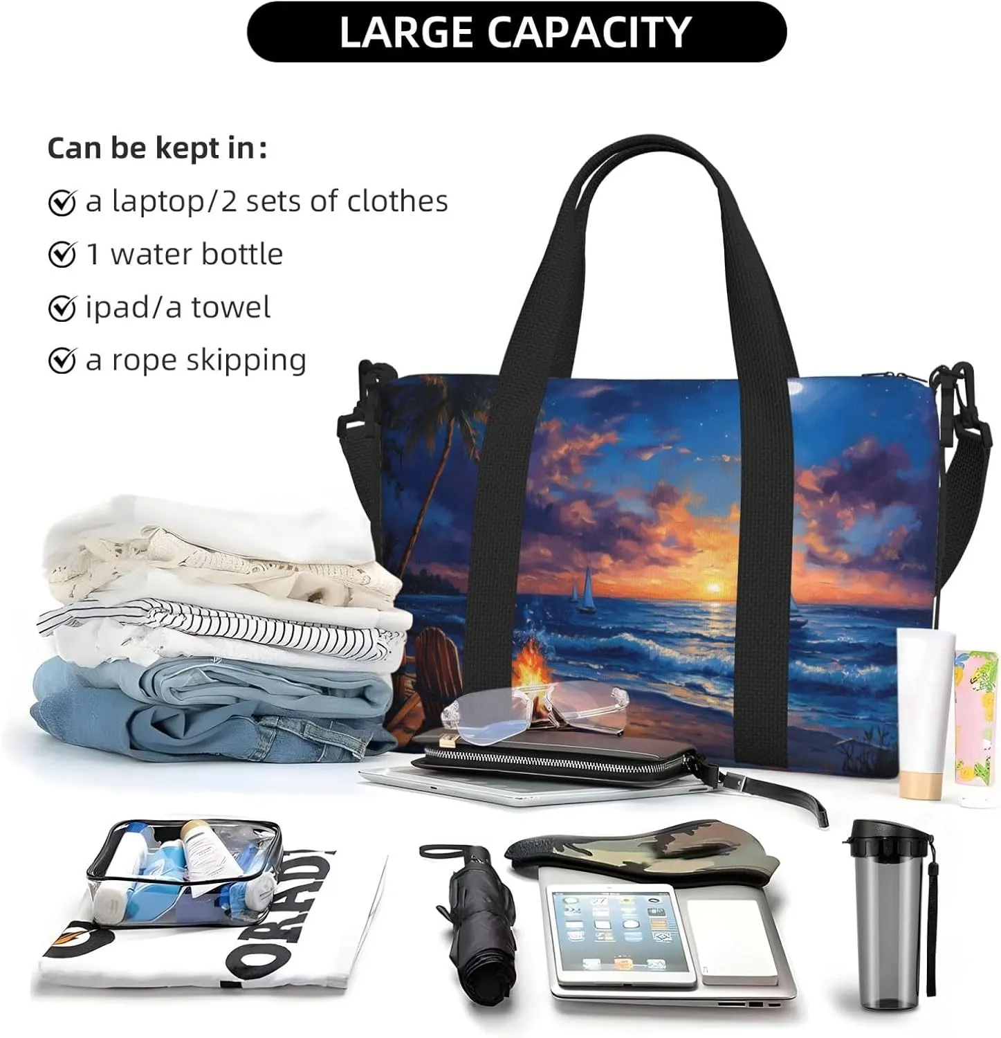 Beach night print Travel Duffel Bag, Sports Tote Gym Bag, Swim Pool Bag Large Shoulder Tote Bag for Beach Weekender