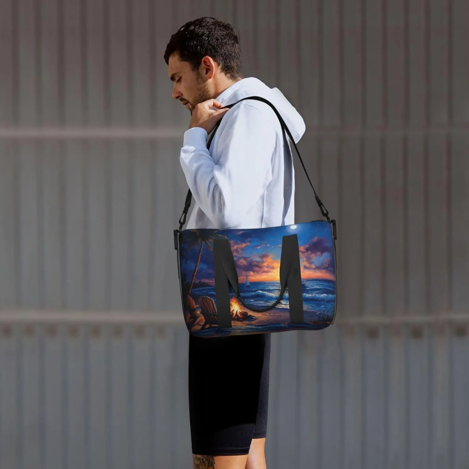 Beach night print Travel Duffel Bag, Sports Tote Gym Bag, Swim Pool Bag Large Shoulder Tote Bag for Beach Weekender