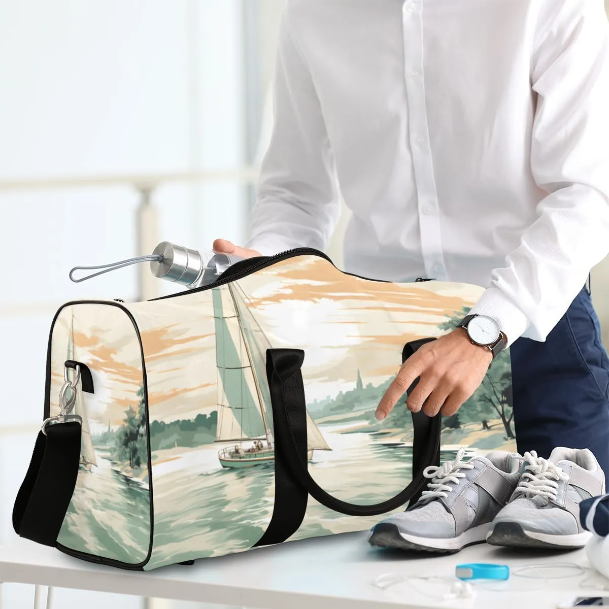 Beach Sailboat Travel Duffle Bag for Women Men Gym Duffel Foldable Bag Waterproof Weekender Ocean Coastal Duffle Tote