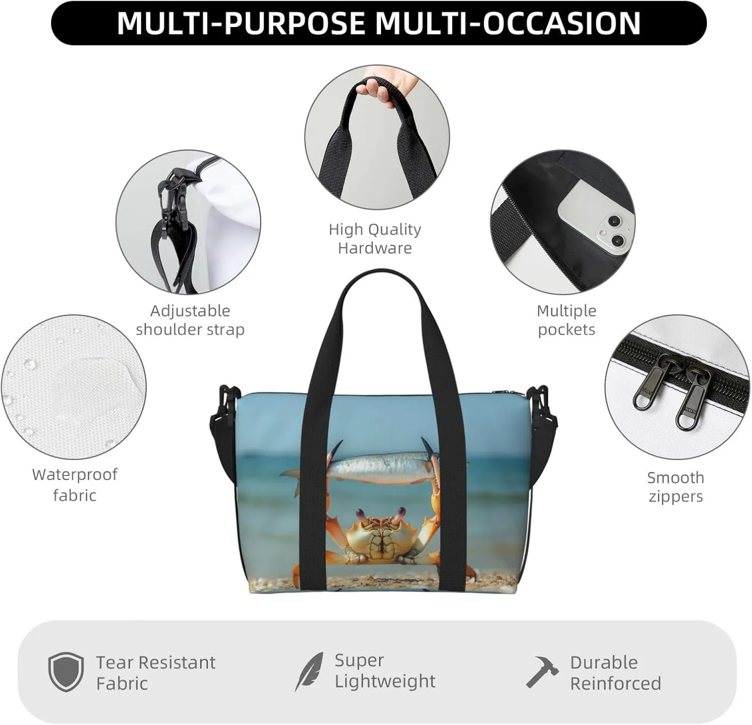 beach summer crab fish print Travel Duffel Bag, Sports Tote Gym Bag, Swim Pool Bag Large Shoulder Tote Bag for Beach Weekender