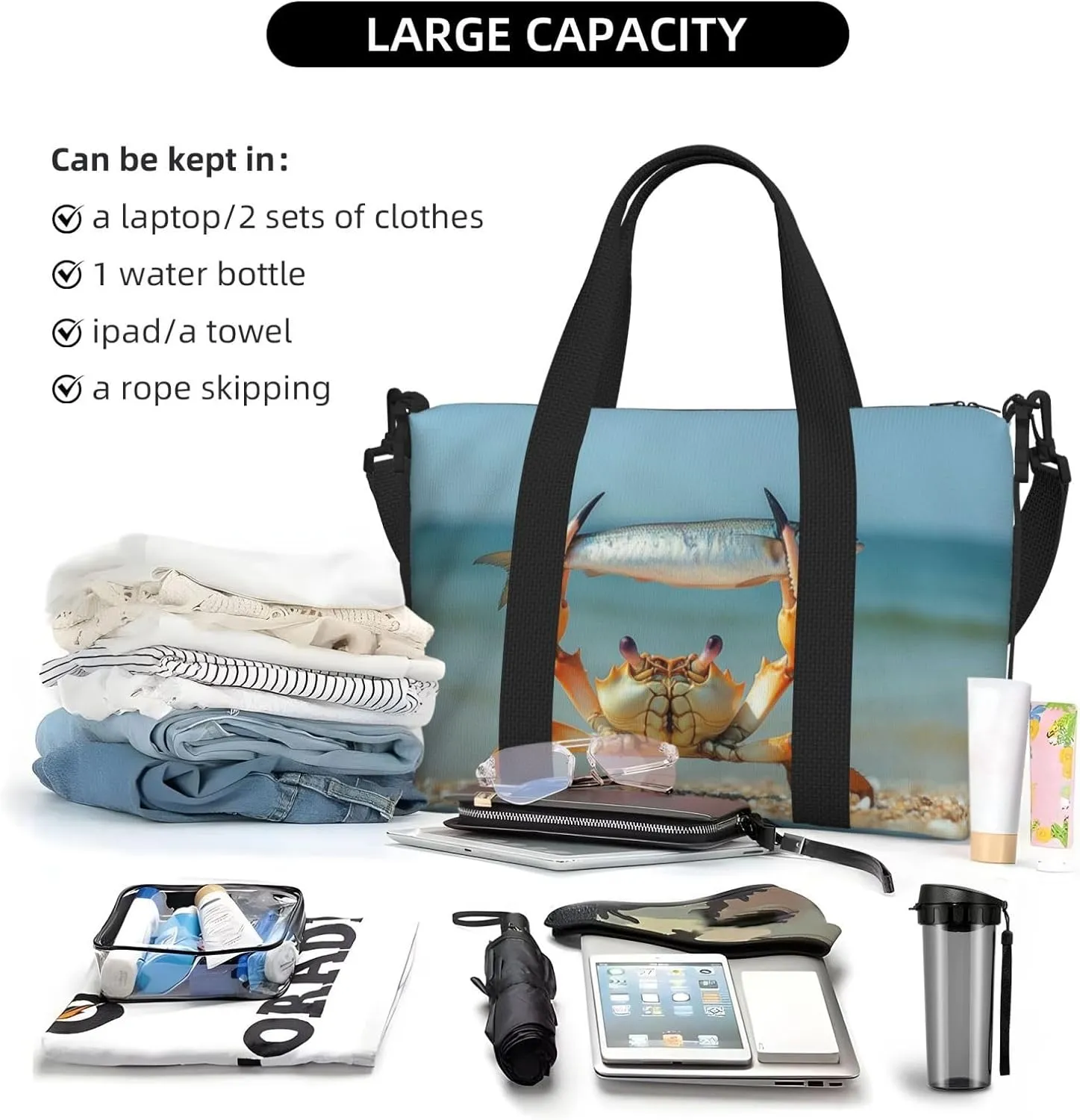 beach summer crab fish print Travel Duffel Bag, Sports Tote Gym Bag, Swim Pool Bag Large Shoulder Tote Bag for Beach Weekender