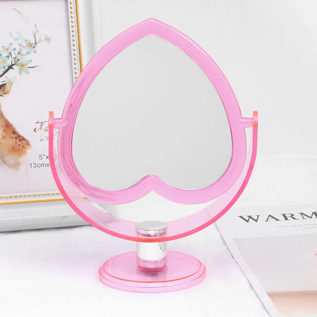 Beaupretty Bedroom Tabletop Mirror Love Heart Shaped Cosmetic Mirror Two Sided Makeup Mirror with Base Desktop Ornament for Women Ladies Pink