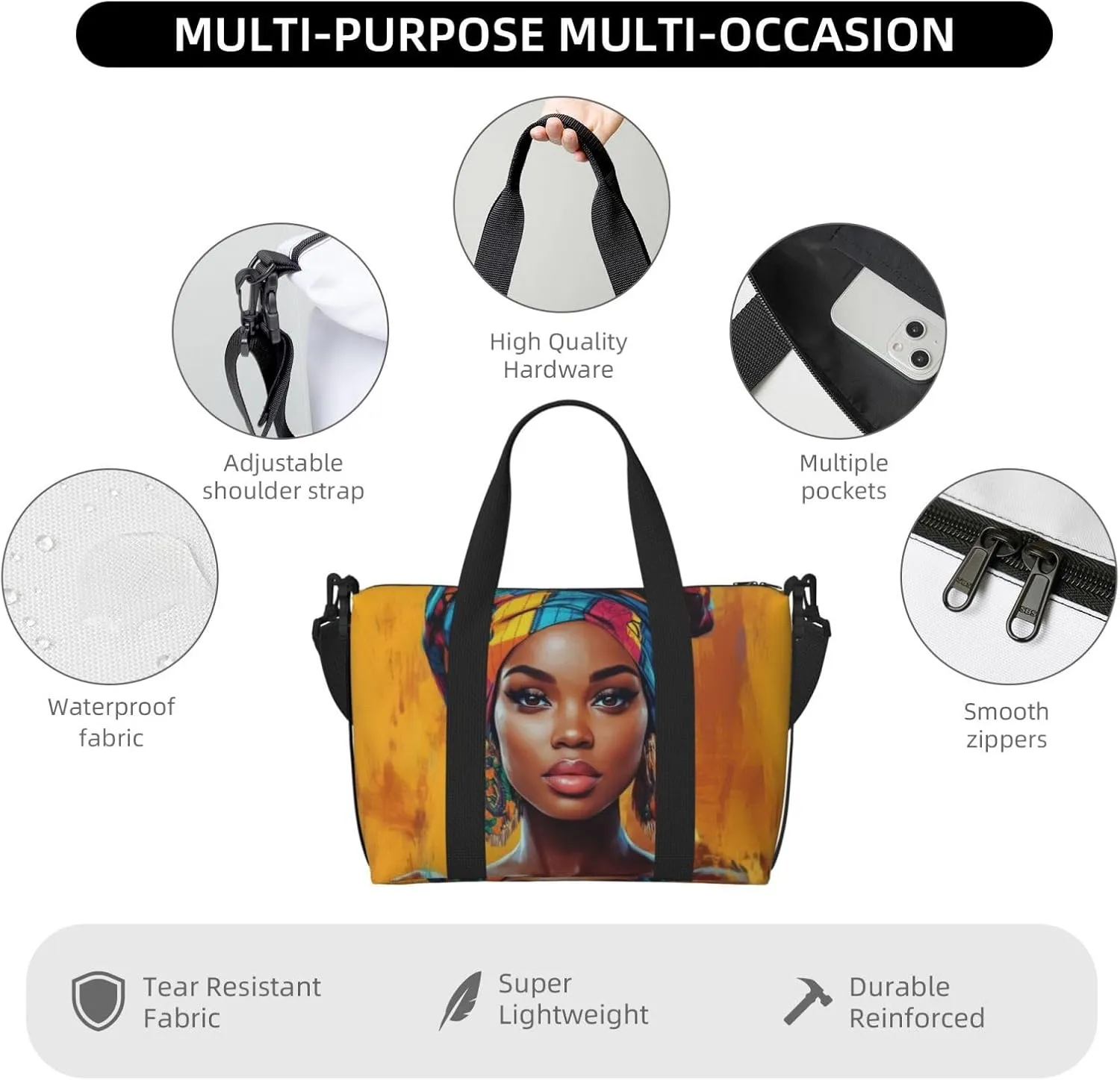 Beautiful African woman print Travel Duffel Bag, Sports Tote Gym Bag, Swim Pool Bag Large Shoulder Tote Bag for Beach Weekender