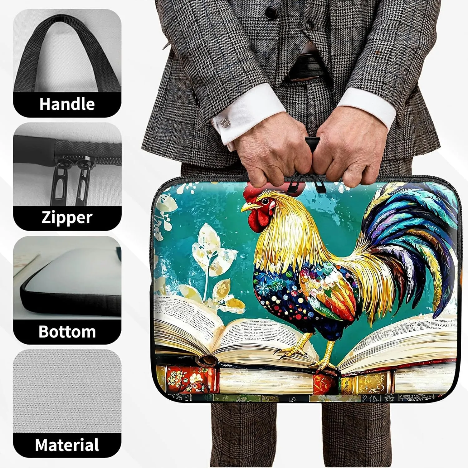 Beautiful Big Cock Theme Laptop Sleeve Case Notebook Sleeve PC Messenger Bag Durable Travel Laptop Bag HandBag 13-14 Inch with Handle for Laptop/Notebook/Tablet Laptop