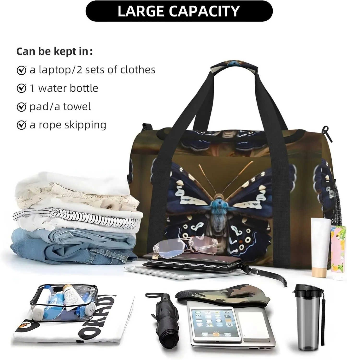 Beautiful Moth Wings Travel Duffel Bag With Zippers And Handles, Big Foldable Duffle Bag For Family Vacations
