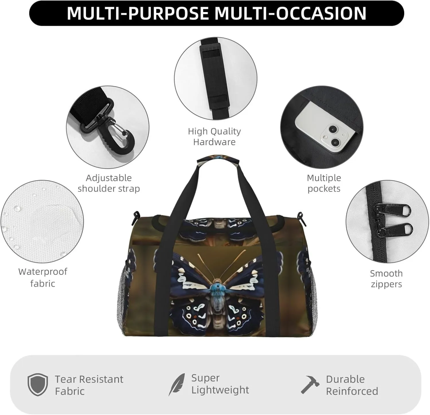 Beautiful Moth Wings Travel Duffel Bag With Zippers And Handles, Big Foldable Duffle Bag For Family Vacations