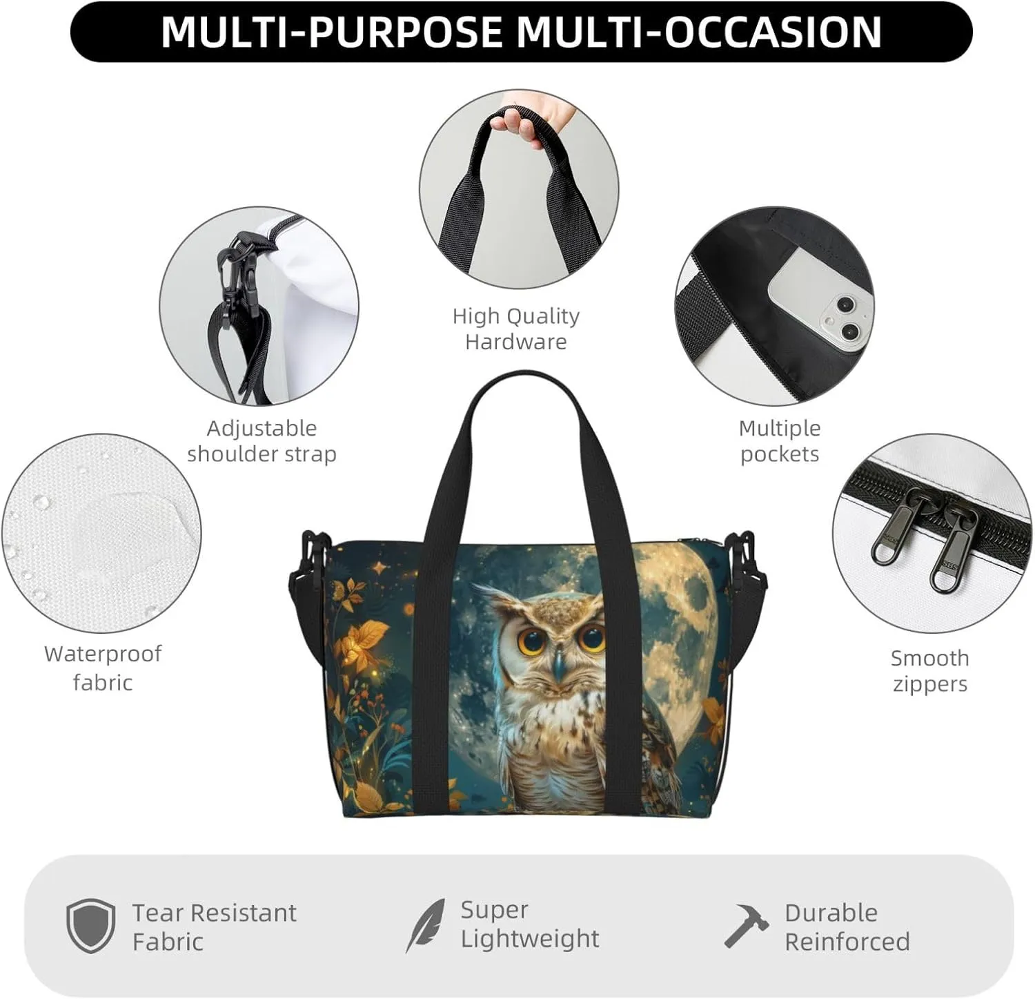 beautiful owl print Travel Duffel Bag, Sports Tote Gym Bag, Swim Pool Bag Large Shoulder Tote Bag for Beach Weekender