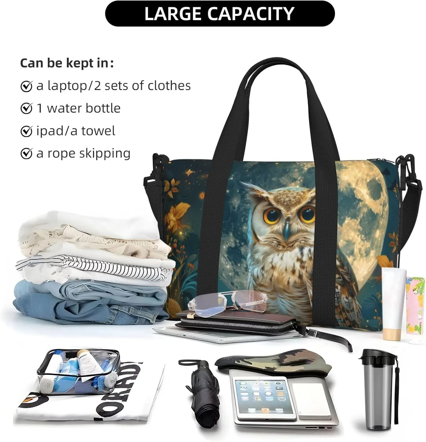 beautiful owl print Travel Duffel Bag, Sports Tote Gym Bag, Swim Pool Bag Large Shoulder Tote Bag for Beach Weekender