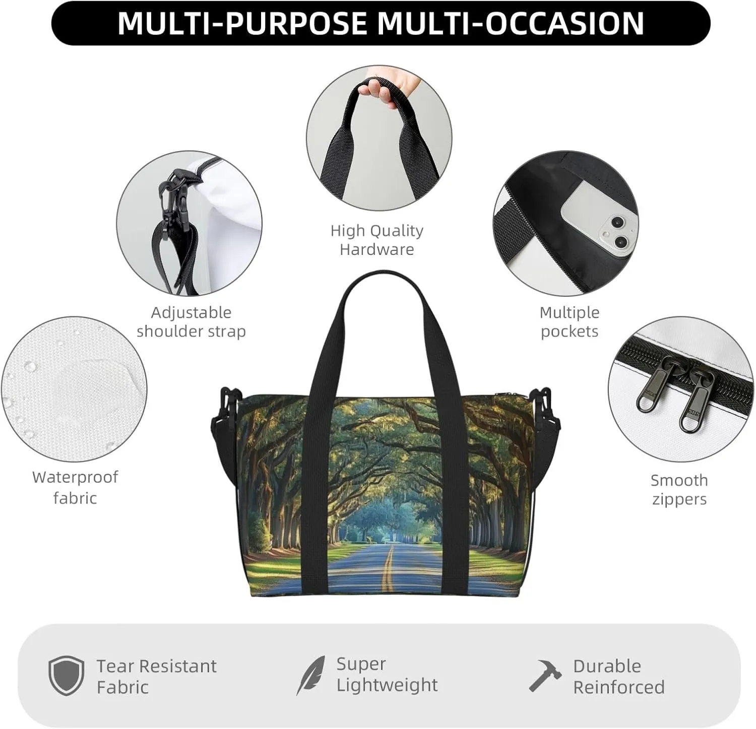 beautiful trees road print Travel Duffel Bag, Sports Tote Gym Bag, Swim Pool Bag Large Shoulder Tote Bag for Beach Weekender