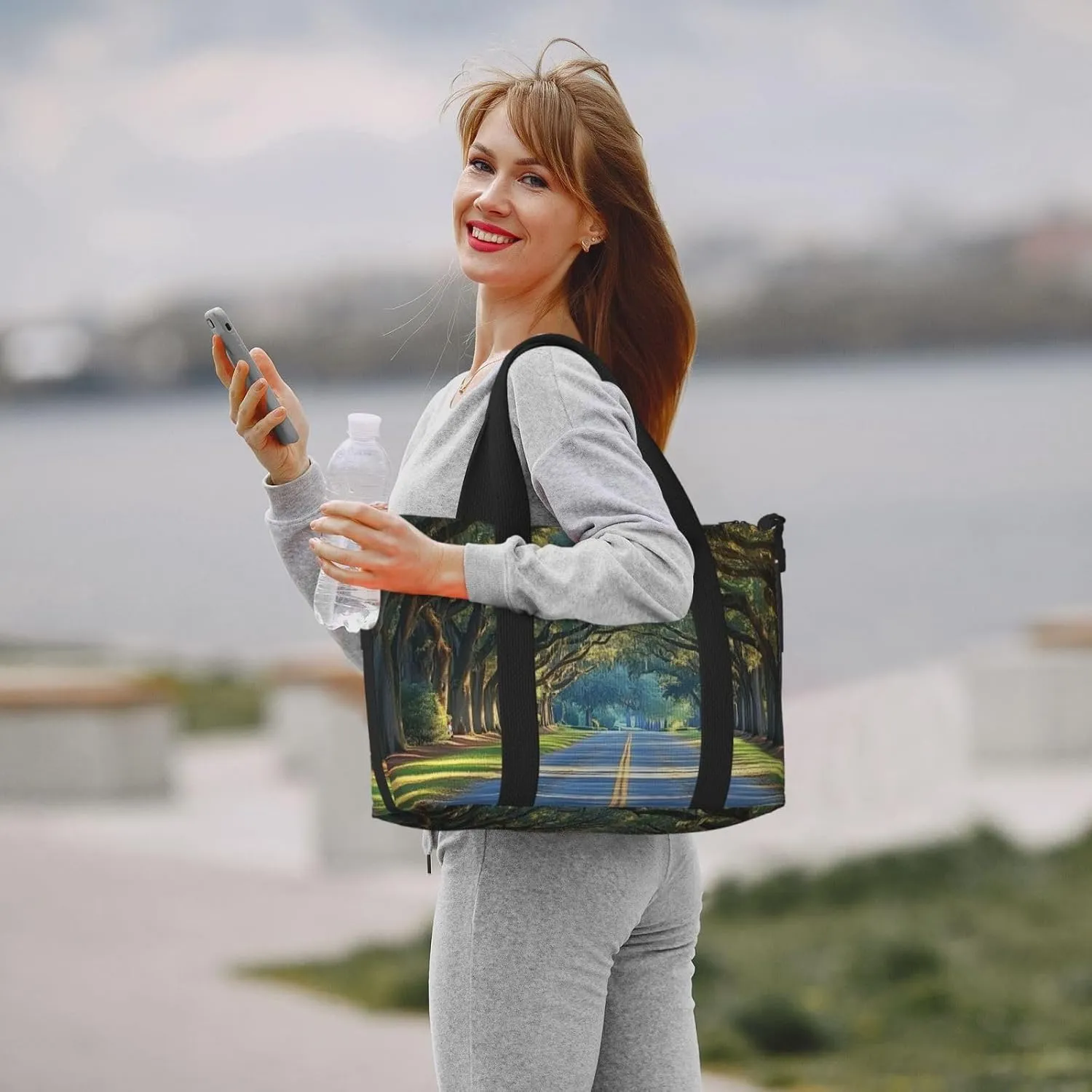 beautiful trees road print Travel Duffel Bag, Sports Tote Gym Bag, Swim Pool Bag Large Shoulder Tote Bag for Beach Weekender