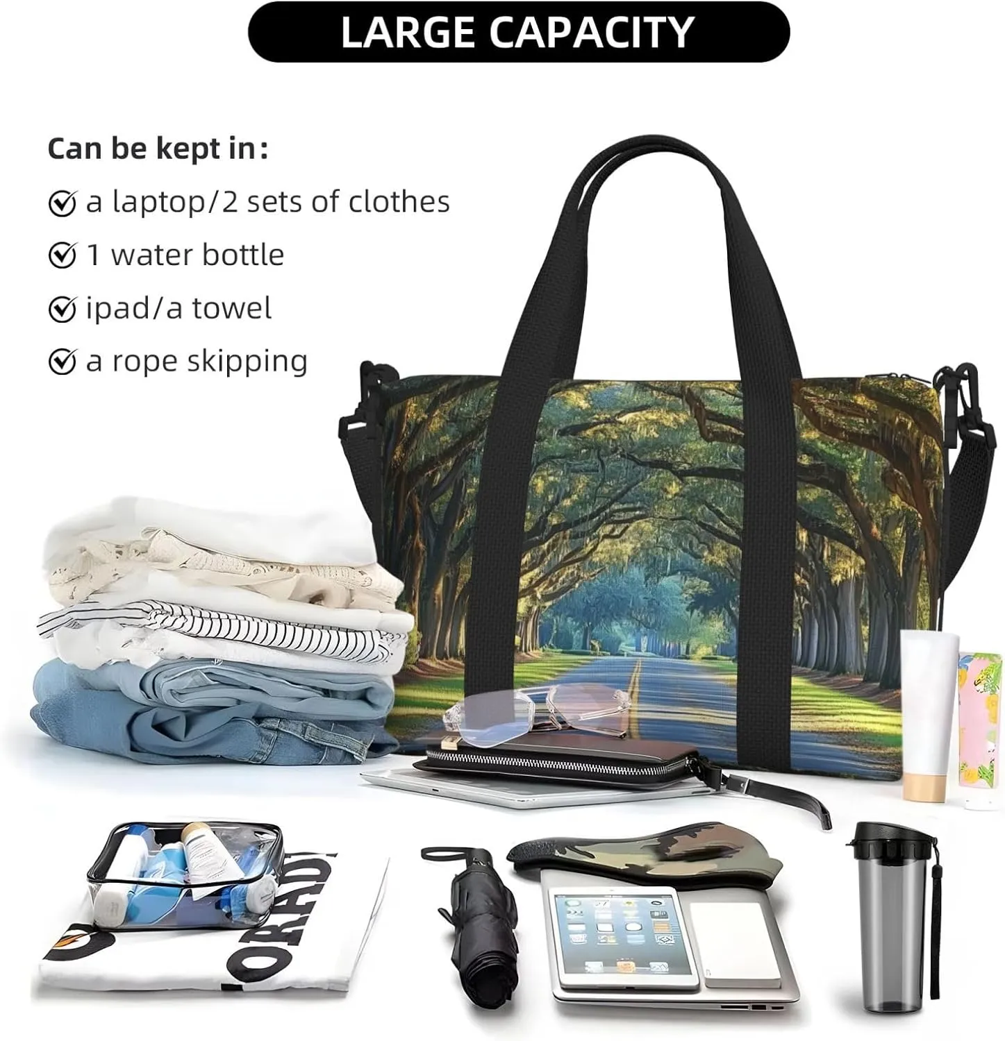 beautiful trees road print Travel Duffel Bag, Sports Tote Gym Bag, Swim Pool Bag Large Shoulder Tote Bag for Beach Weekender