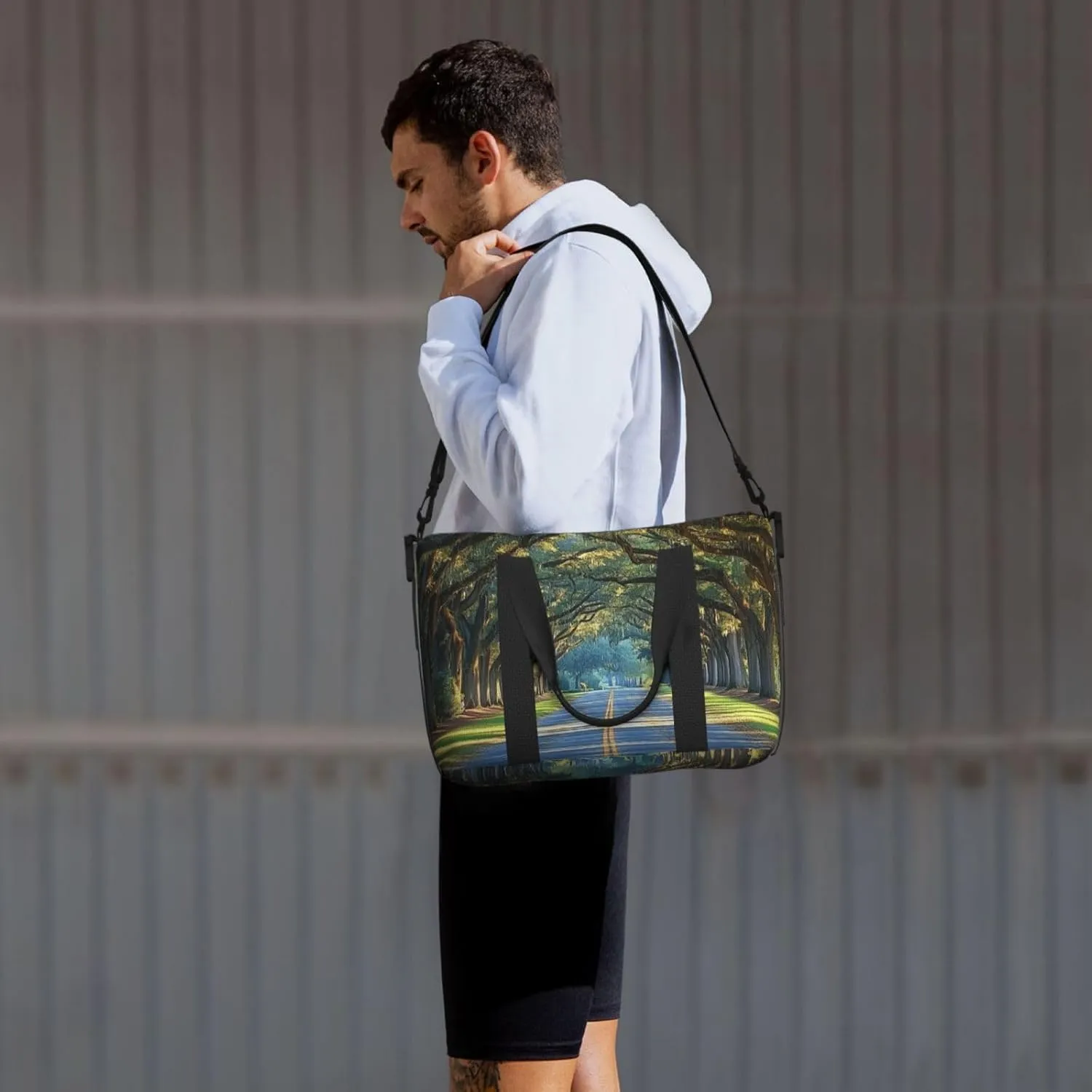 beautiful trees road print Travel Duffel Bag, Sports Tote Gym Bag, Swim Pool Bag Large Shoulder Tote Bag for Beach Weekender