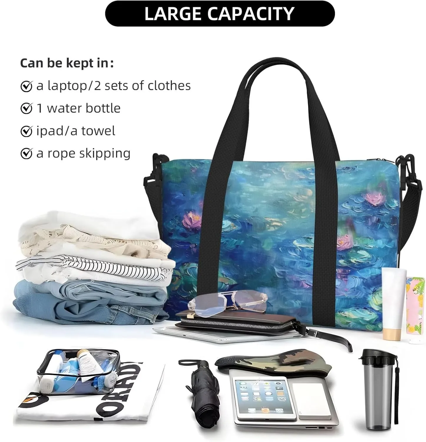 beautiful water lilies print Travel Duffel Bag, Sports Tote Gym Bag, Swim Pool Bag Large Shoulder Tote Bag for Beach Weekender
