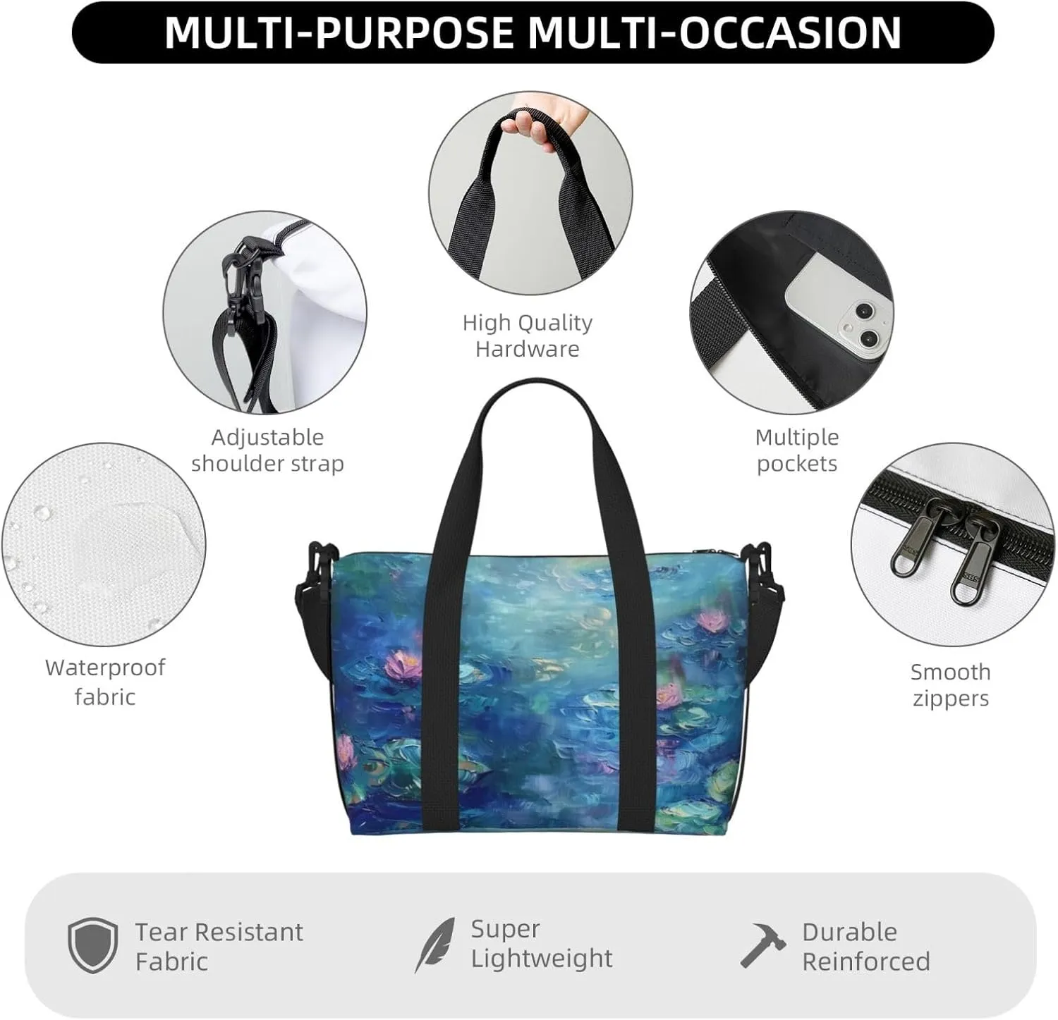 beautiful water lilies print Travel Duffel Bag, Sports Tote Gym Bag, Swim Pool Bag Large Shoulder Tote Bag for Beach Weekender