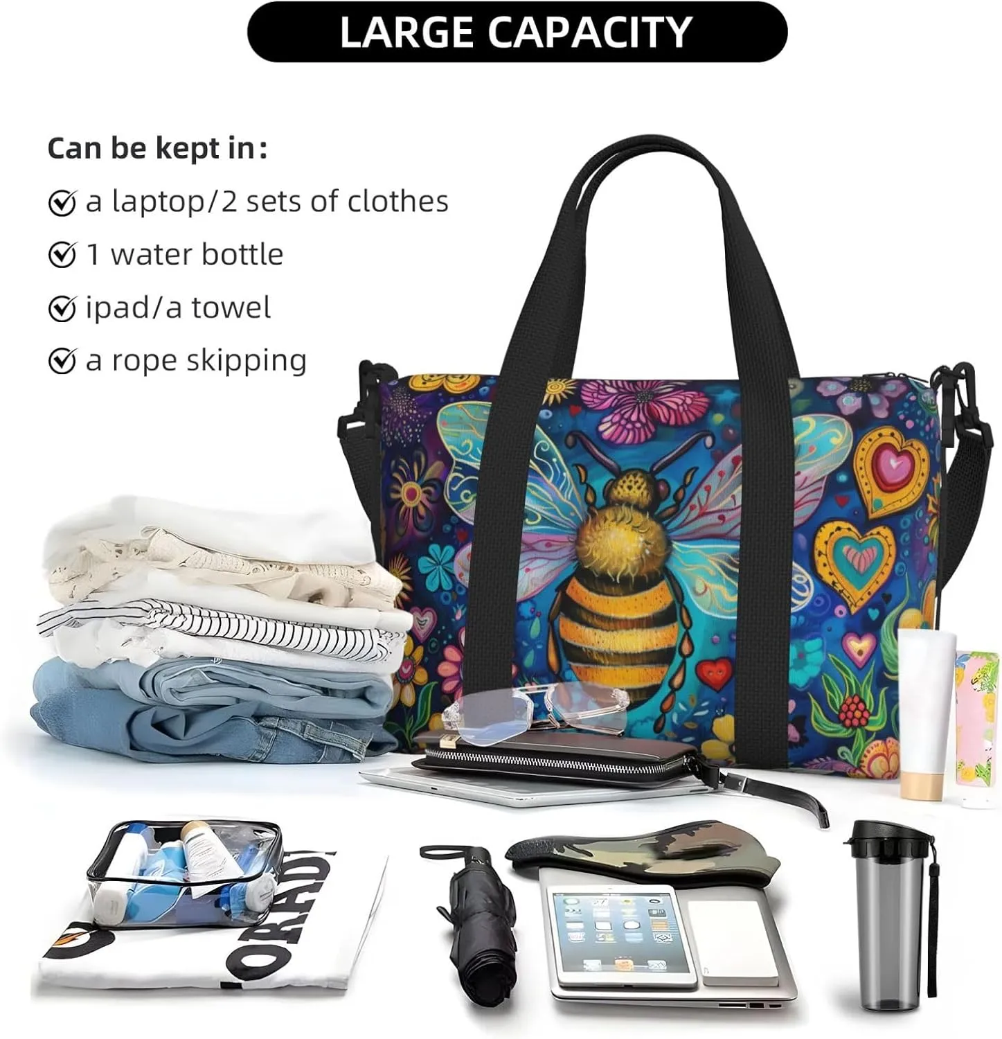 bee colorful flowers print Travel Duffel Bag, Sports Tote Gym Bag, Swim Pool Bag Large Shoulder Tote Bag for Beach Weekender