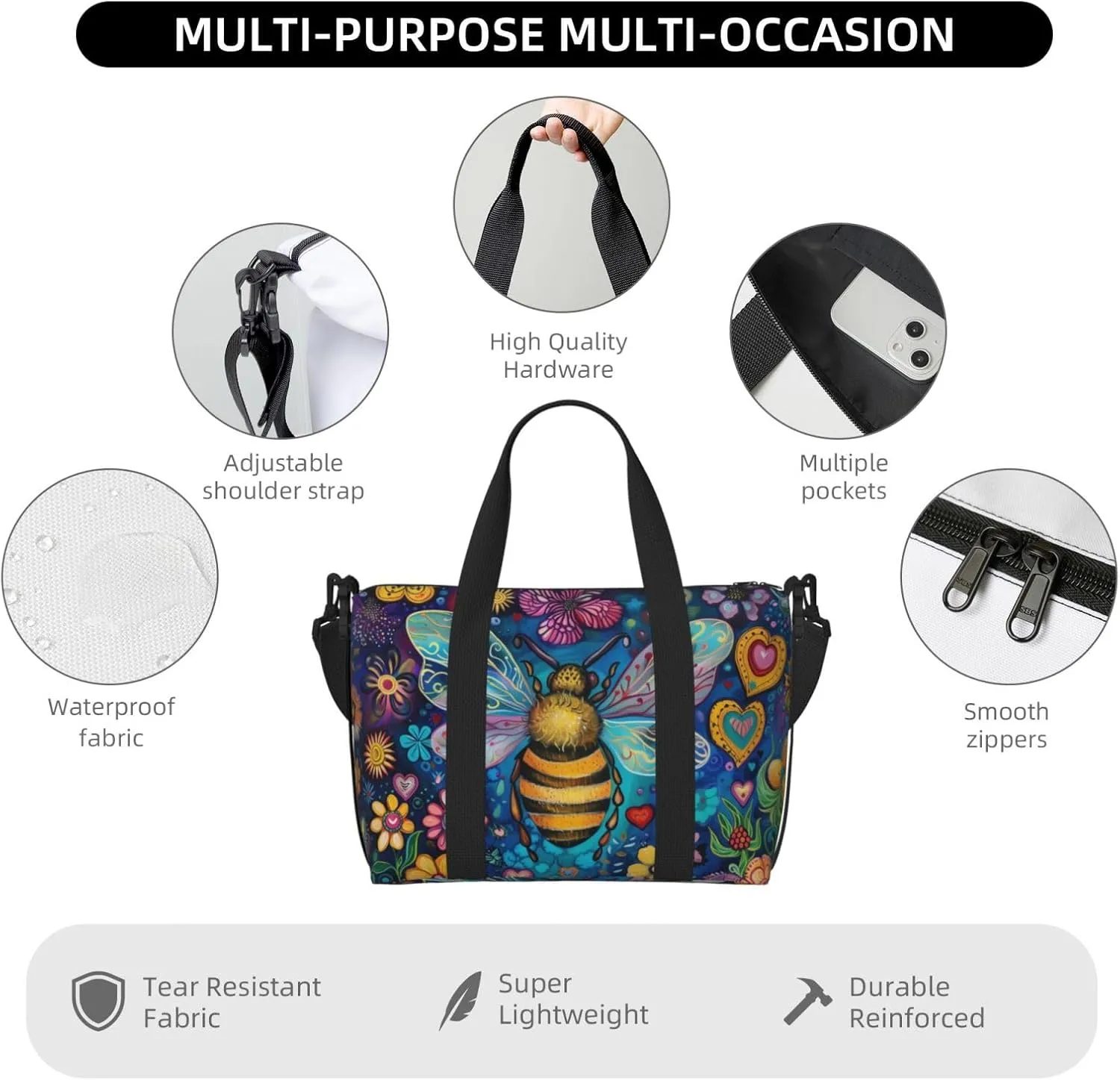 bee colorful flowers print Travel Duffel Bag, Sports Tote Gym Bag, Swim Pool Bag Large Shoulder Tote Bag for Beach Weekender
