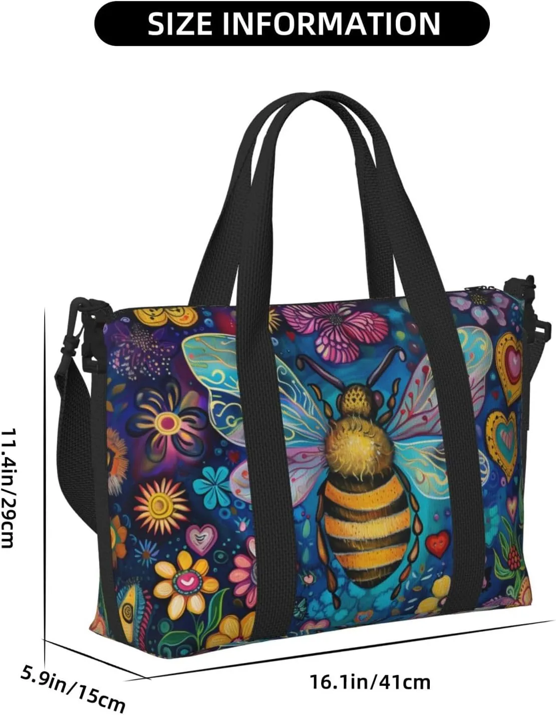 bee colorful flowers print Travel Duffel Bag, Sports Tote Gym Bag, Swim Pool Bag Large Shoulder Tote Bag for Beach Weekender