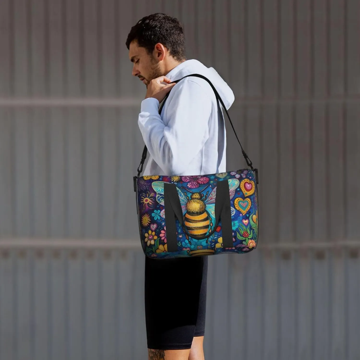 bee colorful flowers print Travel Duffel Bag, Sports Tote Gym Bag, Swim Pool Bag Large Shoulder Tote Bag for Beach Weekender