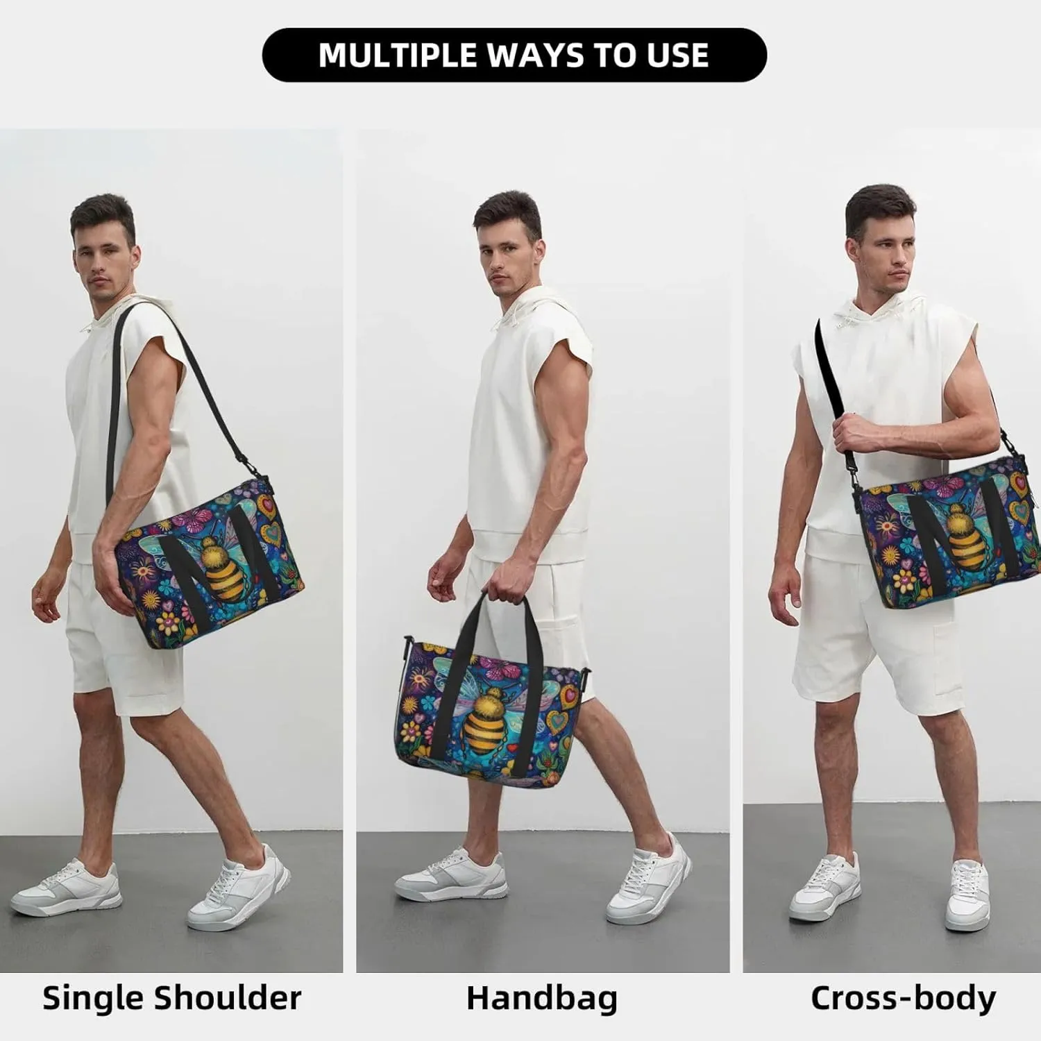 bee colorful flowers print Travel Duffel Bag, Sports Tote Gym Bag, Swim Pool Bag Large Shoulder Tote Bag for Beach Weekender