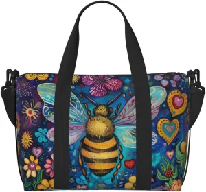 bee colorful flowers print Travel Duffel Bag, Sports Tote Gym Bag, Swim Pool Bag Large Shoulder Tote Bag for Beach Weekender