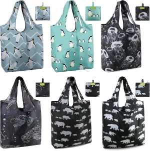 BeeGreen Reusable Grocery Bags - Foldable, Water-Resistant, Polyester Tote Bags - Large, Blue, Black, White, Teal, Navy, Light Blue - 6 Pack - For Women, Men, Businesses, Frequent Shoppers