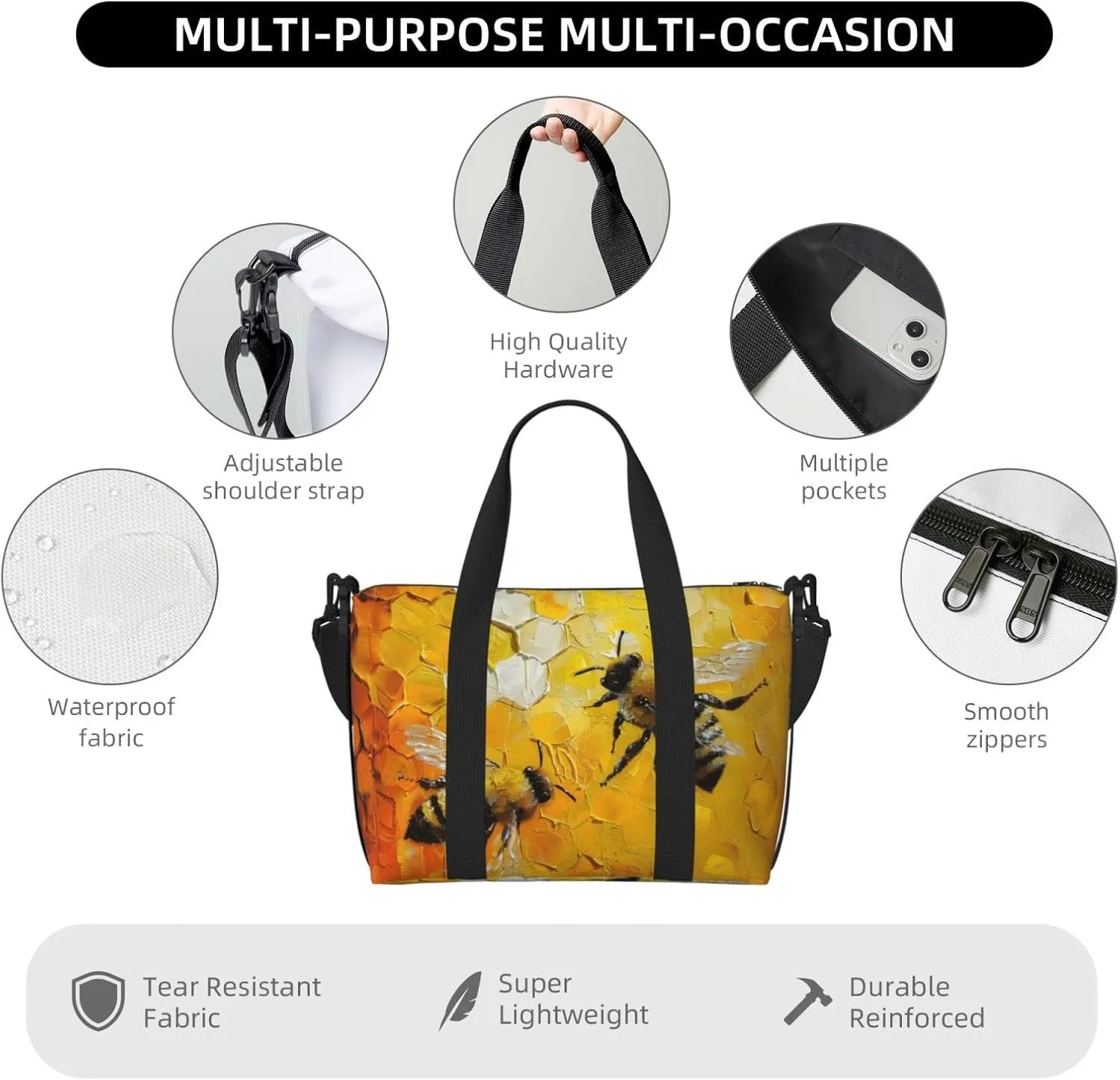 bees flying print Travel Duffel Bag, Sports Tote Gym Bag, Swim Pool Bag Large Shoulder Tote Bag for Beach Weekender