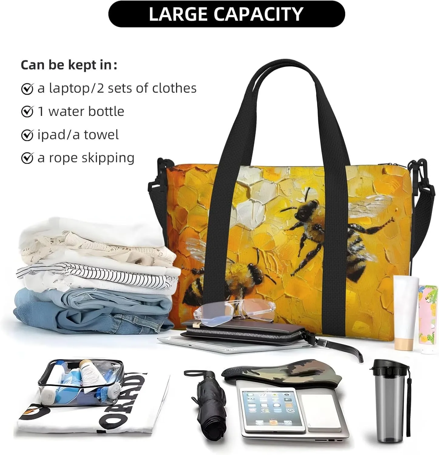 bees flying print Travel Duffel Bag, Sports Tote Gym Bag, Swim Pool Bag Large Shoulder Tote Bag for Beach Weekender