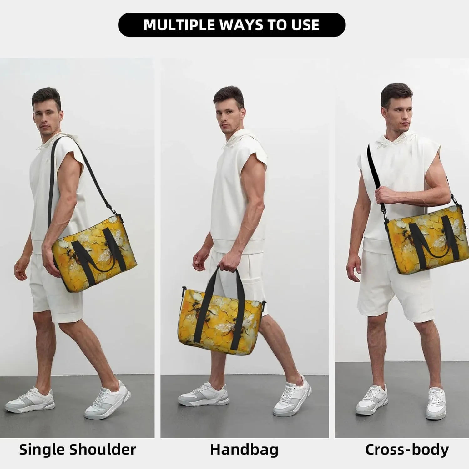 bees yellow print Travel Duffel Bag, Sports Tote Gym Bag, Swim Pool Bag Large Shoulder Tote Bag for Beach Weekender
