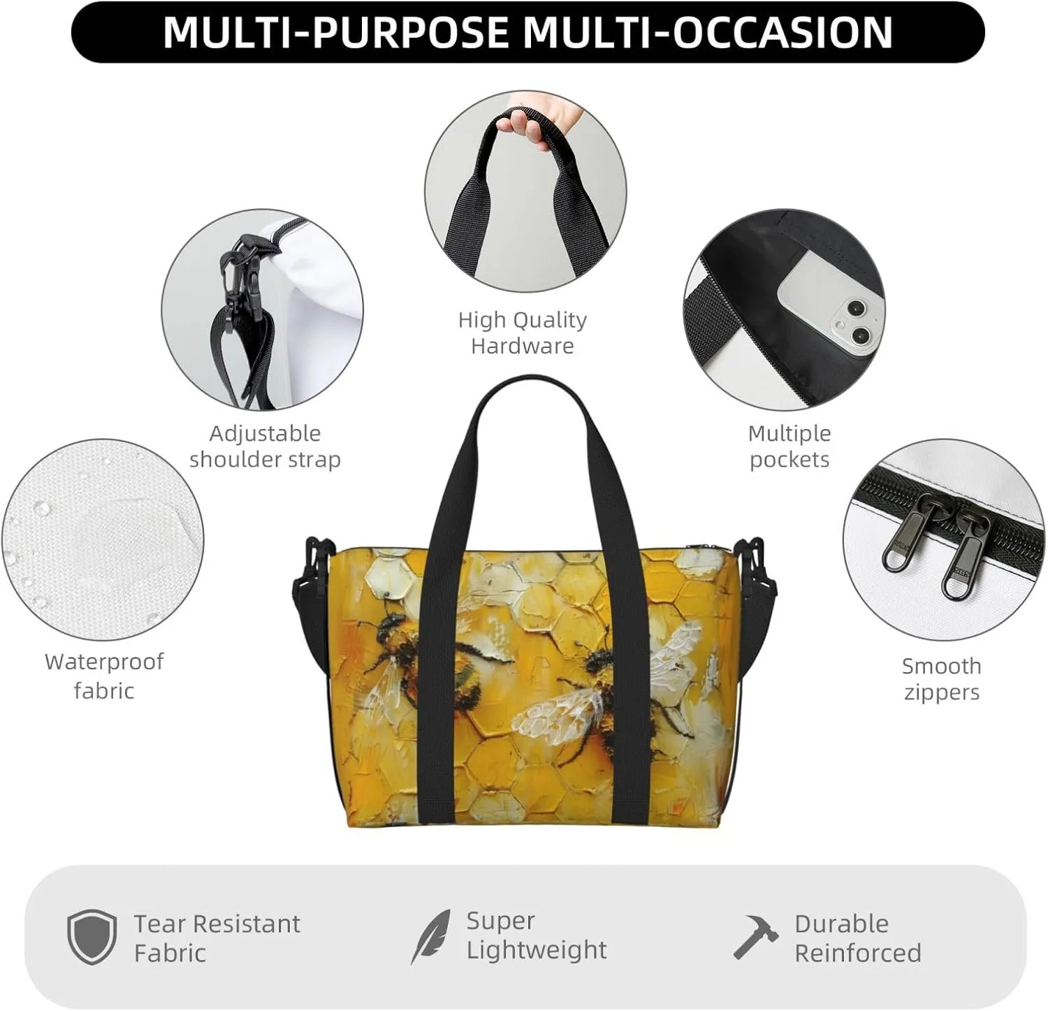 bees yellow print Travel Duffel Bag, Sports Tote Gym Bag, Swim Pool Bag Large Shoulder Tote Bag for Beach Weekender