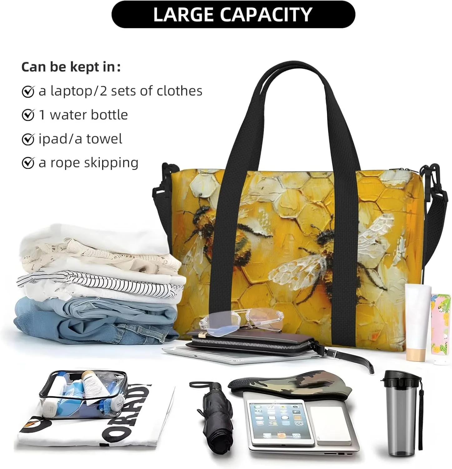 bees yellow print Travel Duffel Bag, Sports Tote Gym Bag, Swim Pool Bag Large Shoulder Tote Bag for Beach Weekender