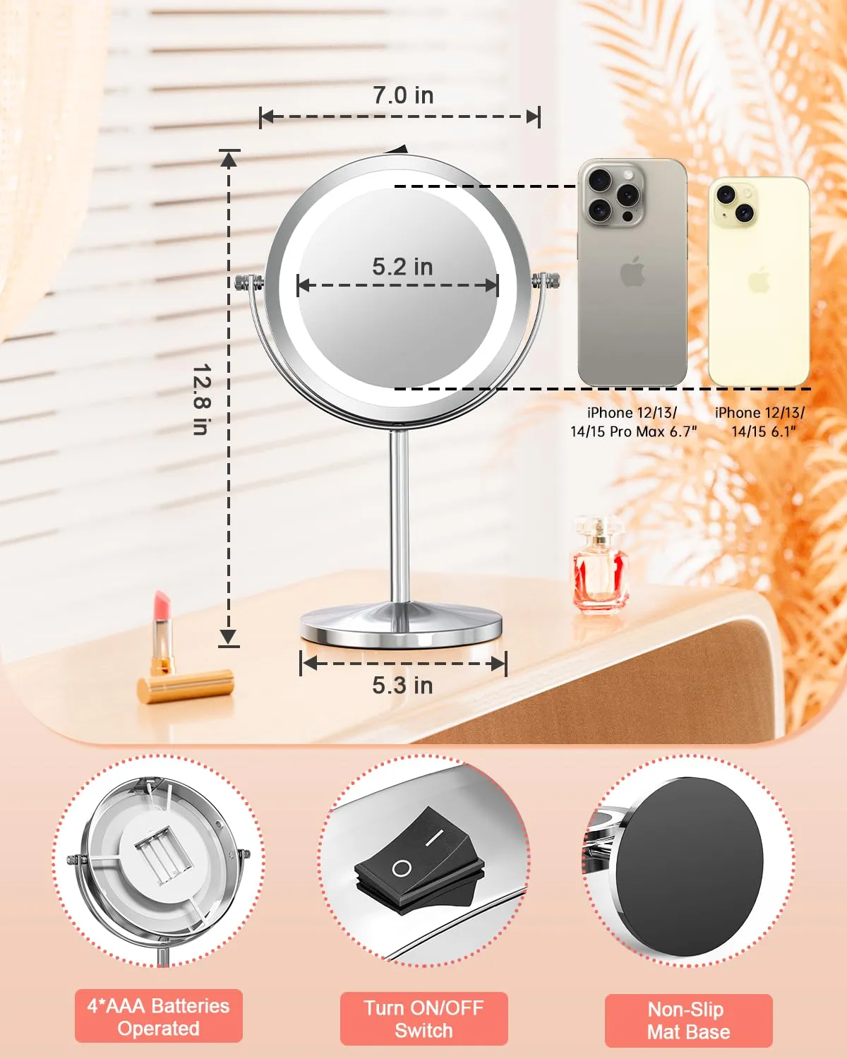Benbilry 10X Magnifying Lighted Makeup Mirror, 7 Inch Double Sided 1X/10X Magnification with Lights, 360° Rotation Swivel Travel Make Up Mirror with Lighting, Battery Operated