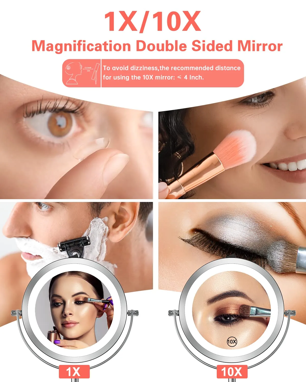 Benbilry 10X Magnifying Lighted Makeup Mirror, 7 Inch Double Sided 1X/10X Magnification with Lights, 360° Rotation Swivel Travel Make Up Mirror with Lighting, Battery Operated