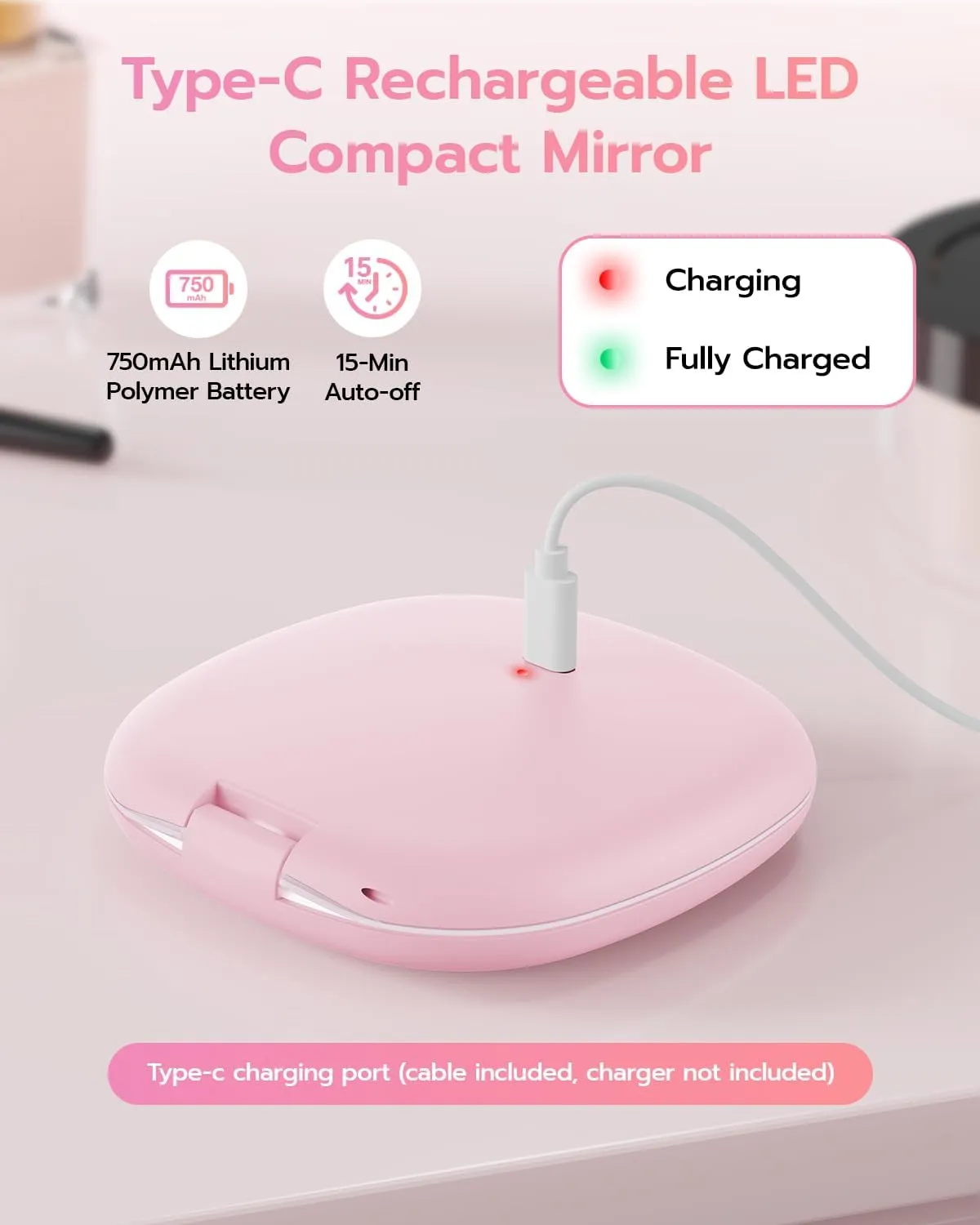 Benbilry 3.9" Rechargeable Compact Makeup Mirror with 3 Light Colors and Magnification 1X / 10X, Double Light Strip Dimmable Small LED Travel Mirror for Purse, Light Pink
