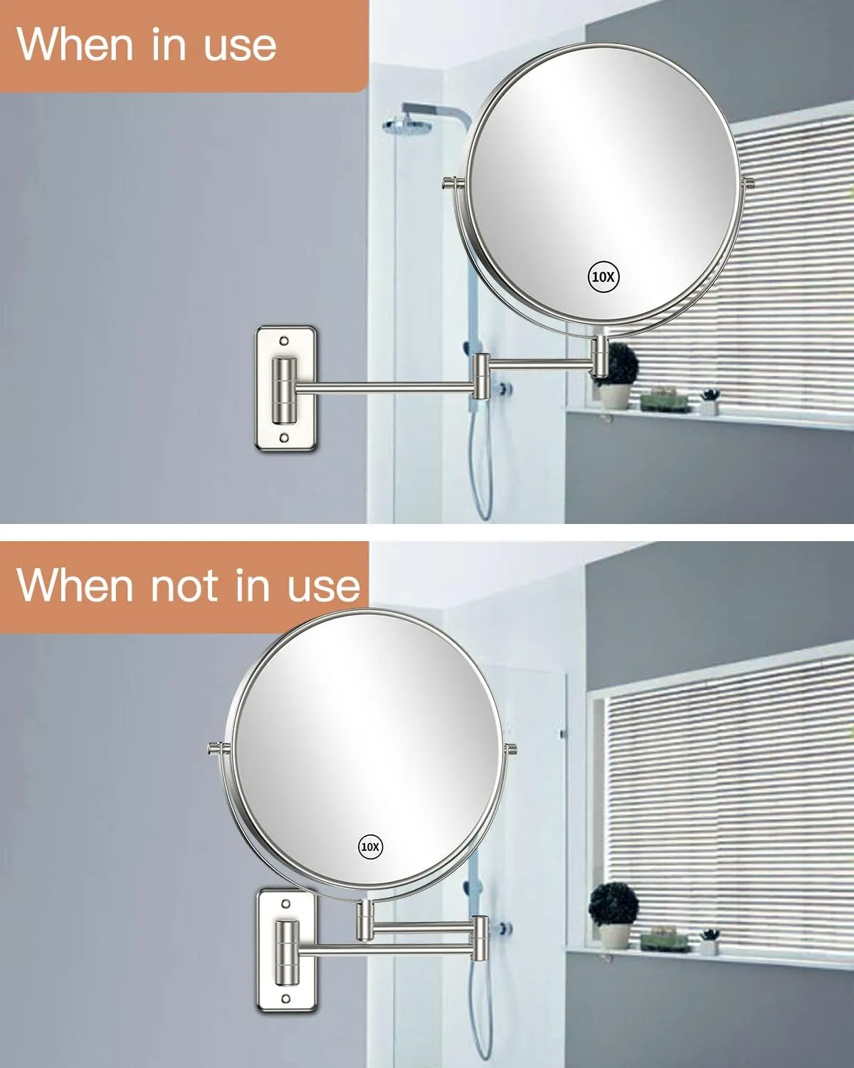 Benbilry 9" Large Size Wall Mounted Makeup Vanity Mirror, 1X/10X Magnifying Double Sided Shaving Mirror for Bathroom, 360° Swivel Extendable Arm Nickel Finish