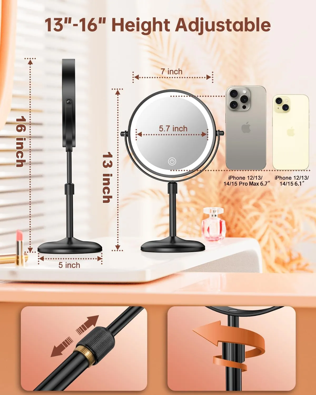 Benbilry Lighted Makeup Mirror with 10X Magnification & 3 Color Lights, Adjustable Brightness & Height, 7 Inch 360° Swivel Rechargeable LED Magnifying Make Up Mirror with Lighting (Black)