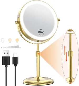 Benbilry Lighted Makeup Mirror with 3 Color Lights & 10X Magnification, Adjustable Brightness & Height, 7 Inch 360° Swivel Rechargeable 10X LED Magnifying Vanity Mirror with Light, Gold