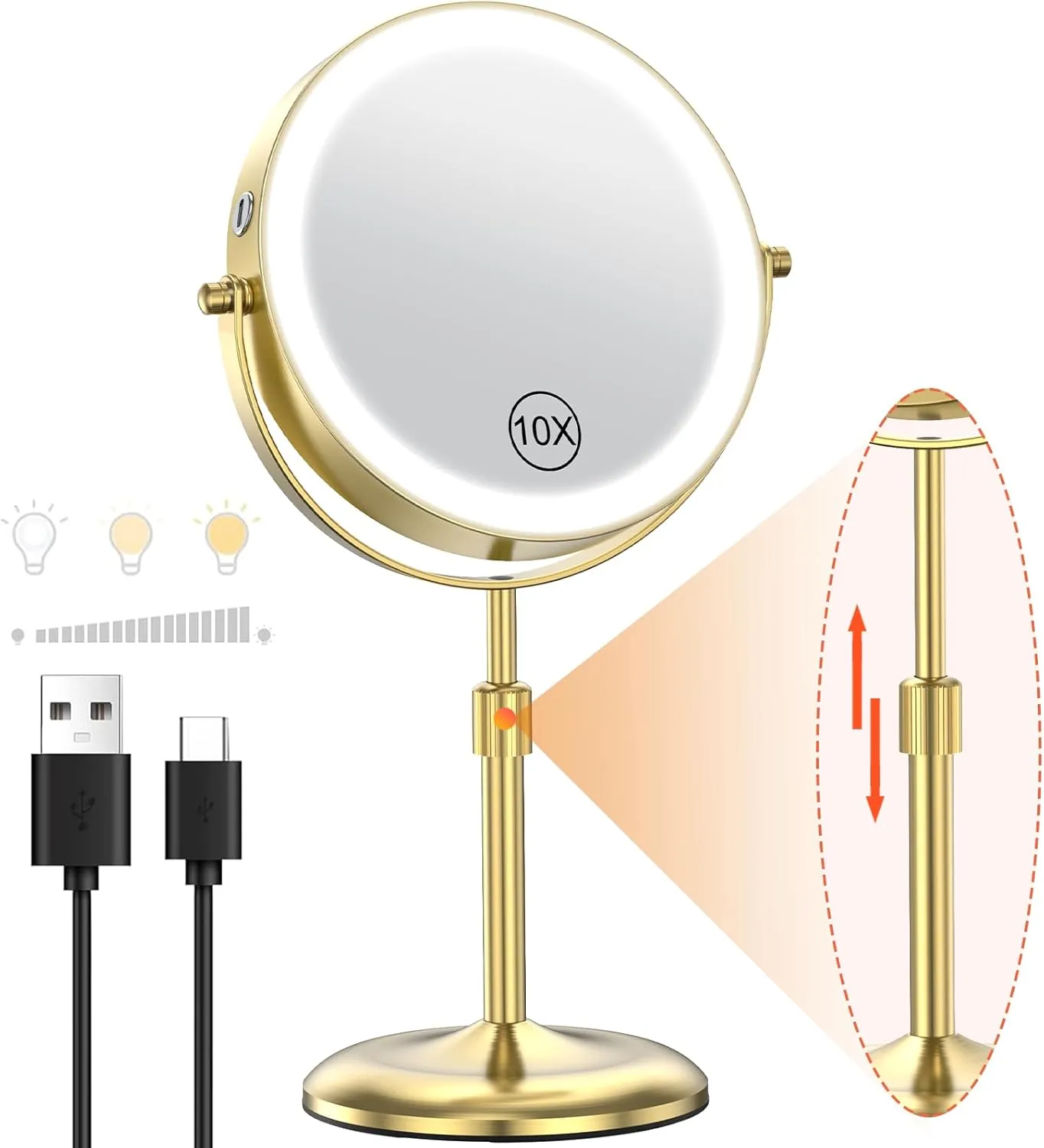 Benbilry Lighted Makeup Mirror with 3 Color Lights & 10X Magnification, Adjustable Brightness & Height, 7 Inch 360° Swivel Rechargeable 10X LED Magnifying Vanity Mirror with Light, Gold