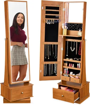Best Choice Products 360 Swivel Mirrored Jewelry Cabinet, Standing Armoire, Makeup Storage Organizer, w/LED-lit Mirror, 3 Shelves - Rustic Brown
