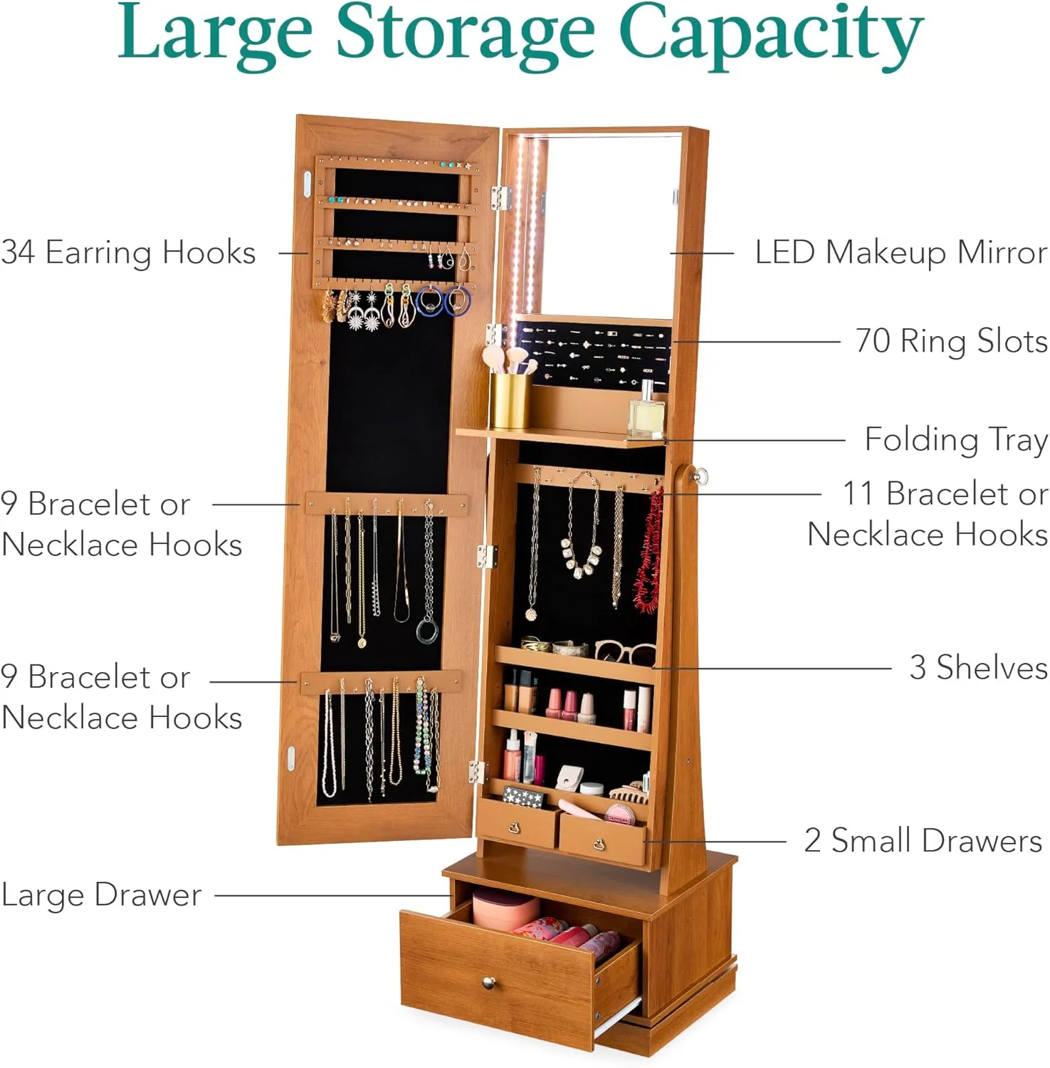 Best Choice Products 360 Swivel Mirrored Jewelry Cabinet, Standing Armoire, Makeup Storage Organizer, w/LED-lit Mirror, 3 Shelves - Rustic Brown