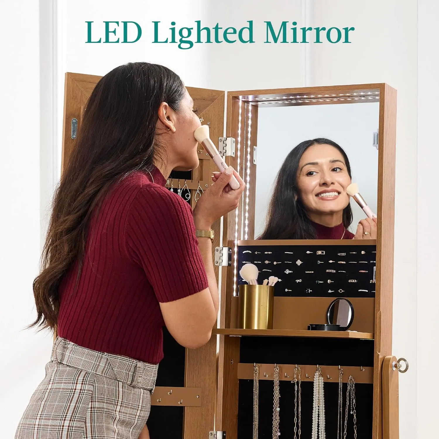 Best Choice Products 360 Swivel Mirrored Jewelry Cabinet, Standing Armoire, Makeup Storage Organizer, w/LED-lit Mirror, 3 Shelves - Rustic Brown