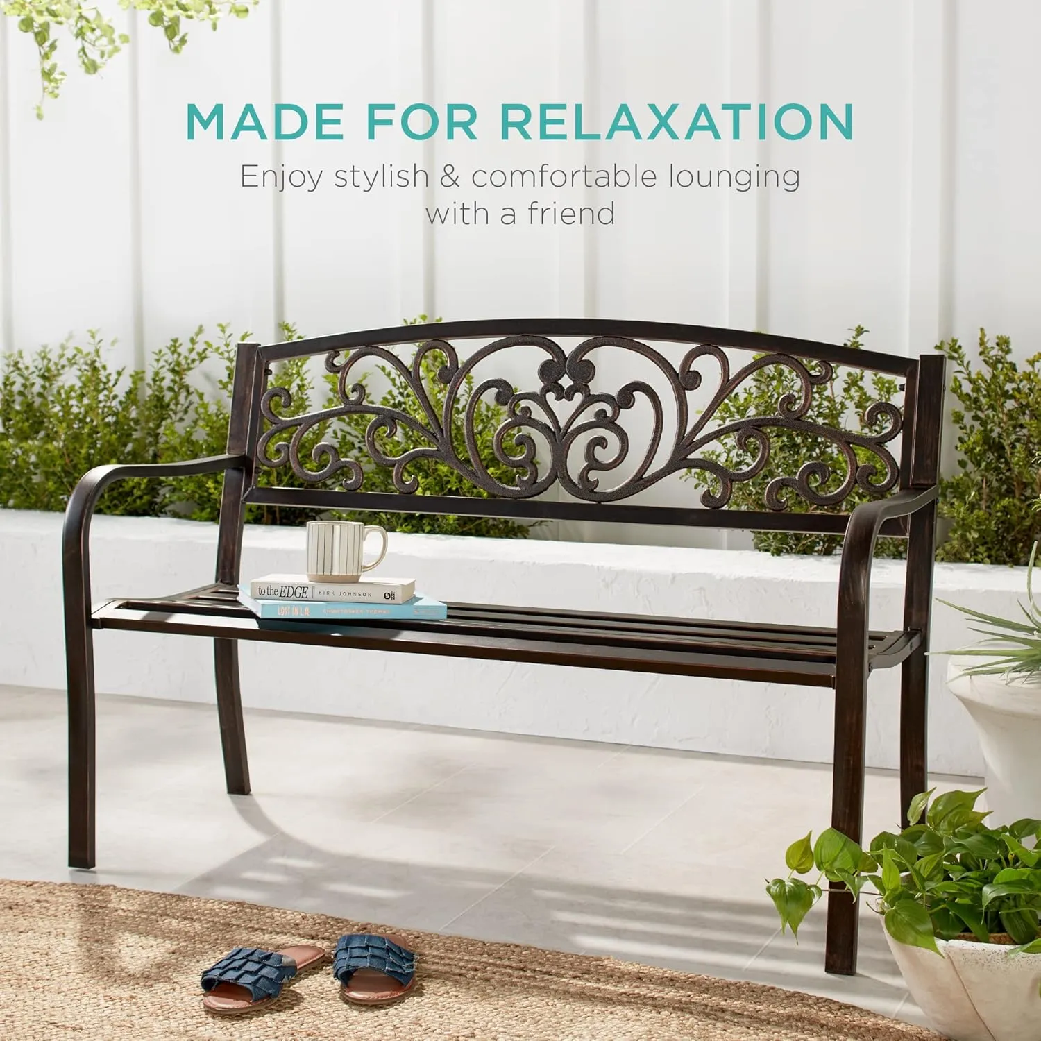 Best Choice Products Outdoor Bench Steel Garden Patio Porch Furniture for Lawn, Park, Deck w/Floral Design Backrest, Slatted Seat - Black
