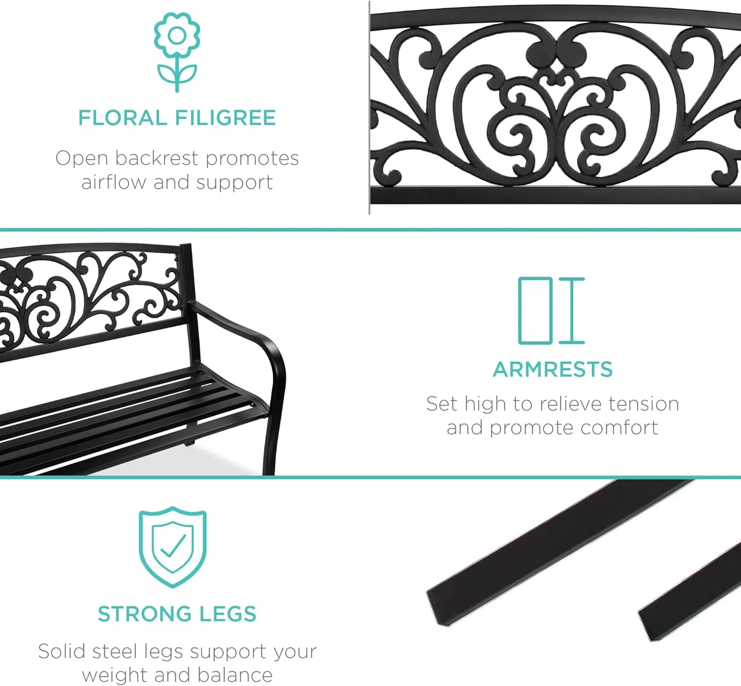 Best Choice Products Outdoor Bench Steel Garden Patio Porch Furniture for Lawn, Park, Deck w/Floral Design Backrest, Slatted Seat - Black