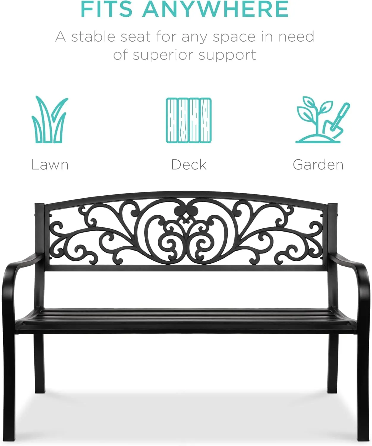 Best Choice Products Outdoor Bench Steel Garden Patio Porch Furniture for Lawn, Park, Deck w/Floral Design Backrest, Slatted Seat - Black