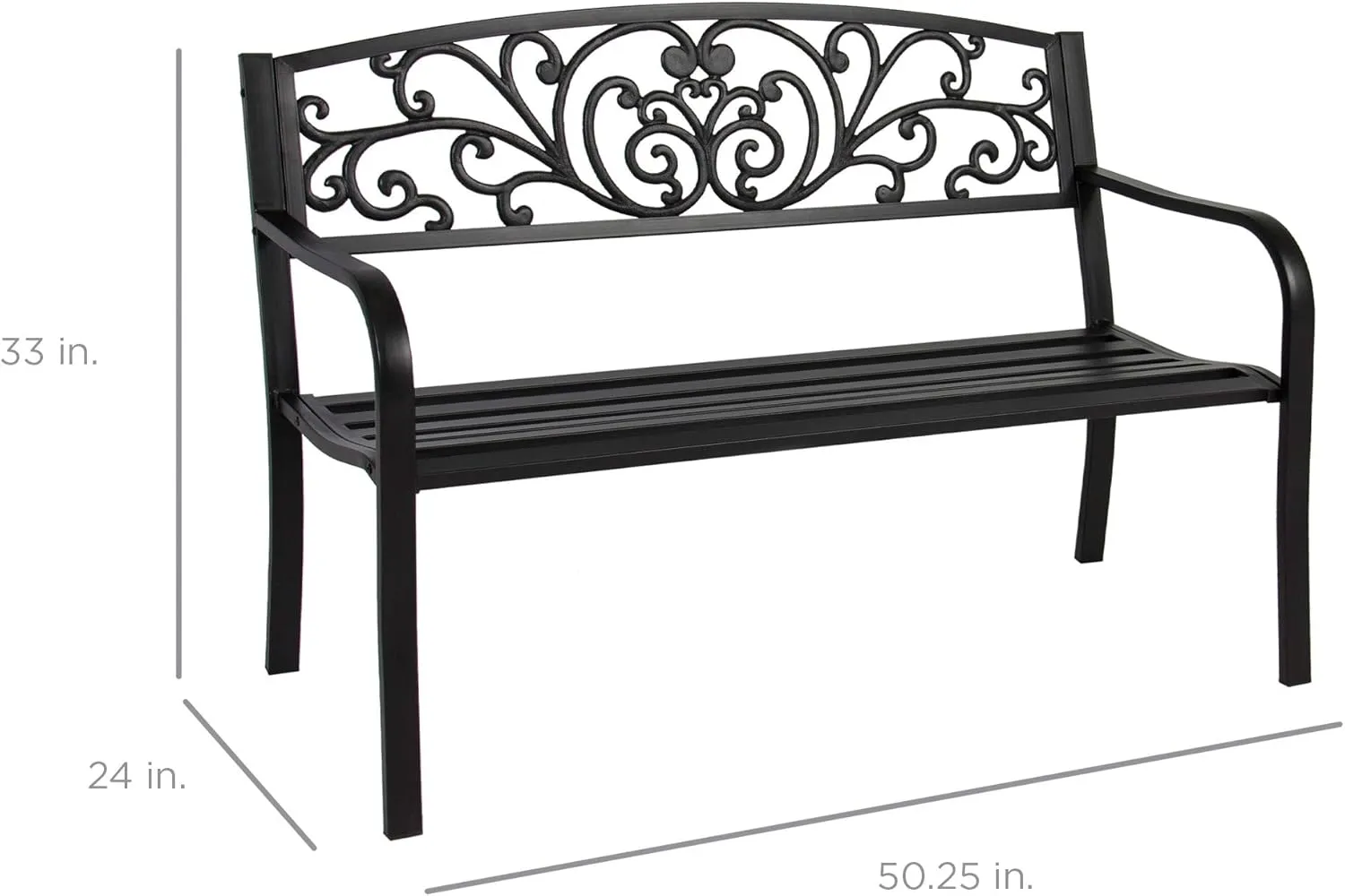 Best Choice Products Outdoor Bench Steel Garden Patio Porch Furniture for Lawn, Park, Deck w/Floral Design Backrest, Slatted Seat - Black