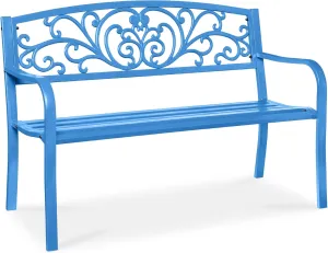 Best Choice Products Outdoor Bench Steel Garden Patio Porch Furniture for Lawn, Park, Deck w/Floral Design Backrest, Slatted Seat - Ocean Blue
