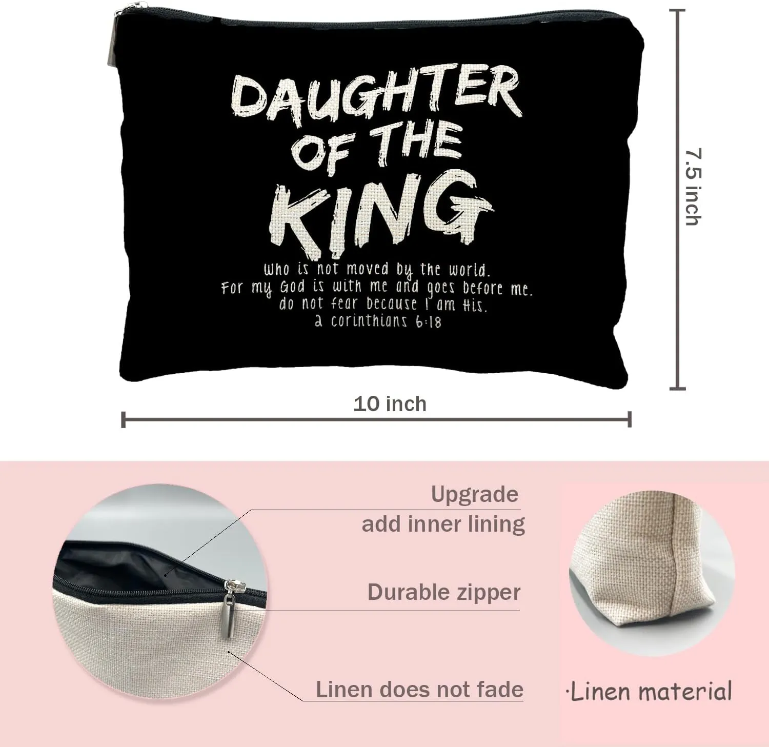 bible verse makeup bag，Daughter of the king makeup bag，christian makeup bag Cosmetic Bag，inspirational gifts for women，christian gifts for women faith，christian gifts for girls(black)